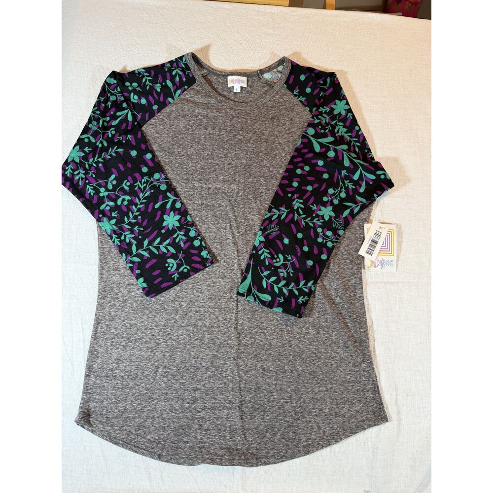 Lularoe Women's Randy Heathered Gray With Black Floral Sleeves Top Size L
